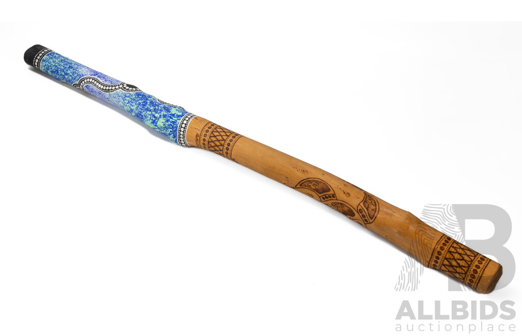 Lewis Burns (20th Century, Indigenous-Australian)  Hand Crafted & Signed Decorative Didgeridoo with Pyrography and Acrylic Detail, 138cm