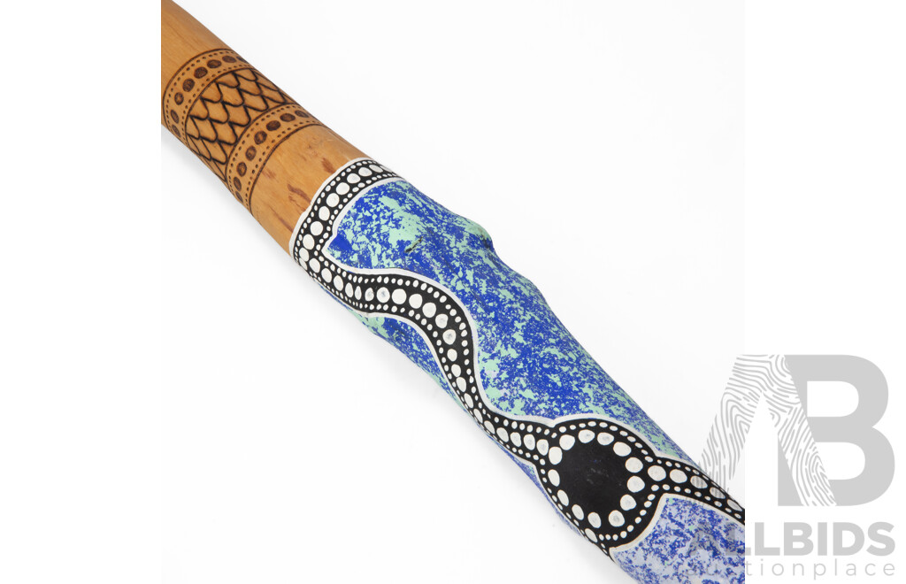 Lewis Burns (20th Century, Indigenous-Australian)  Hand Crafted & Signed Decorative Didgeridoo with Pyrography and Acrylic Detail, 138cm