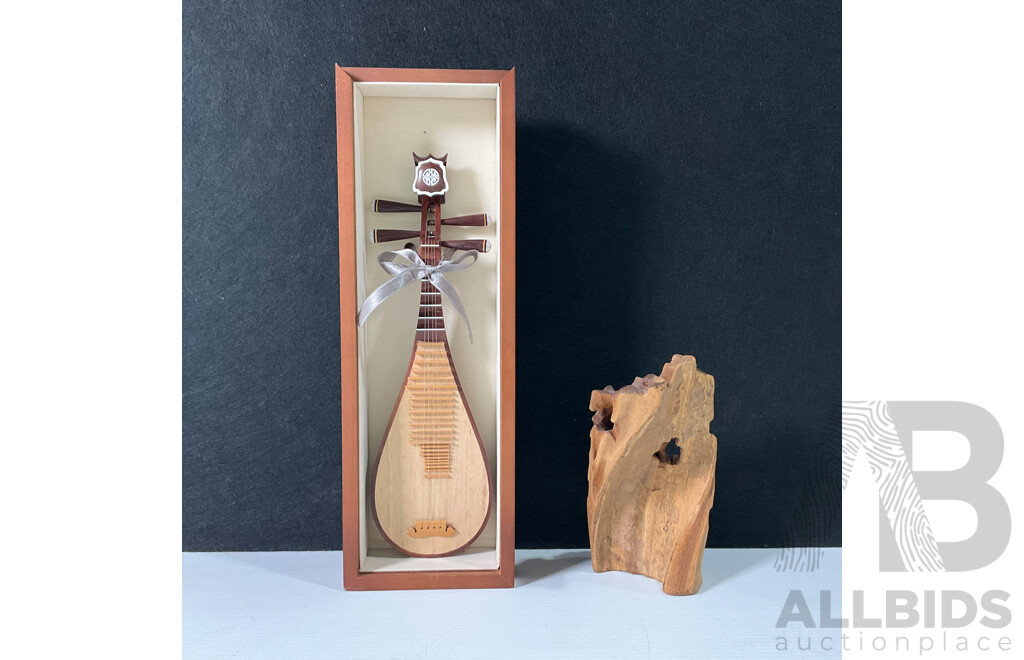 Carved Timber Buddha Ornament with Miniature Chinese Pipa in Timber Display Case