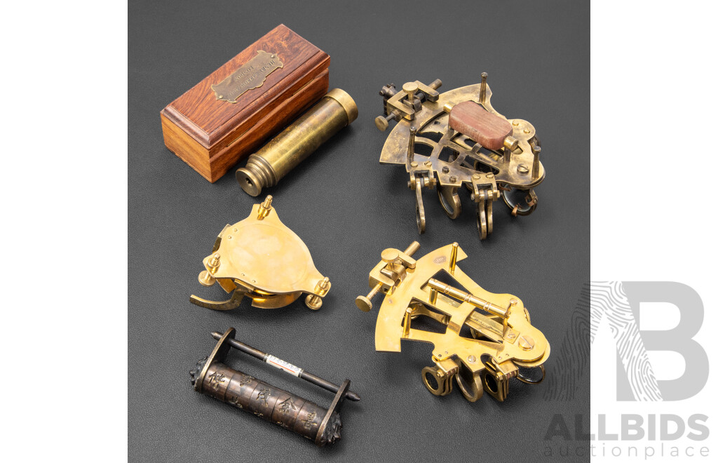 Two Brass Display Sextants Including J. Scott London, Henry Barrow & Co London Telescope, Brass Sundial Compass