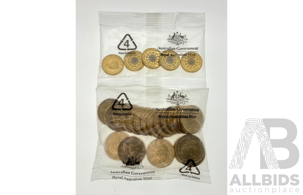 Five Australian RAM Commemorative Two Dollar Coins, 2022 Front Line Workers and Twenty 2023 One Dollars, King Charles III First Year Issue