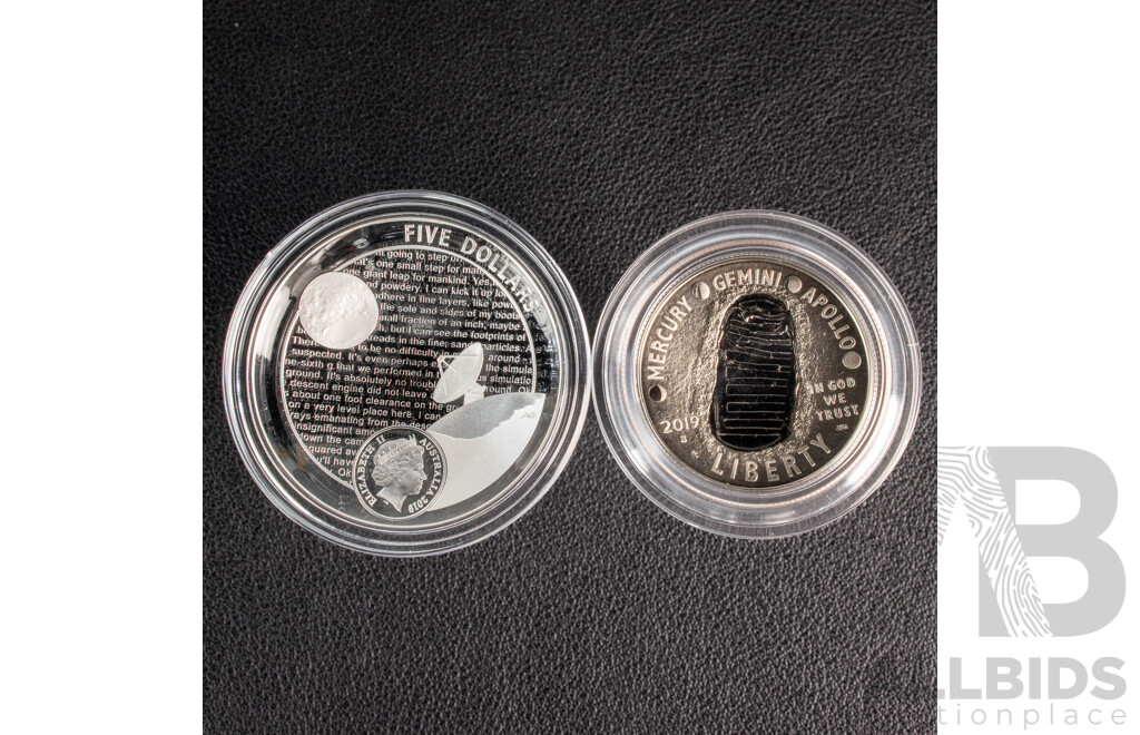 Australian RAM/United States Mint 2019 Australian Five Silver Proof Dollar/US Proof Half Dollar, Domed Coins, Apollo 11 Moon Landing 50th Anniversary .999
