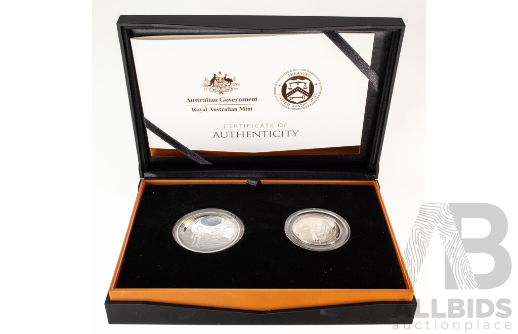Australian RAM/United States Mint 2019 Australian Five Silver Proof Dollar/US Proof Half Dollar, Domed Coins, Apollo 11 Moon Landing 50th Anniversary .999