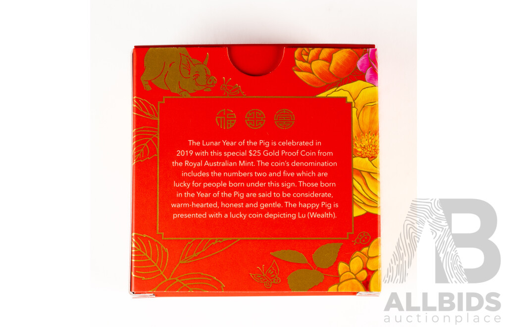 Australian RAM 2019 Twenty Five Dollar Gold Proof Coin, Lunar Series II - Year of the Pig .999