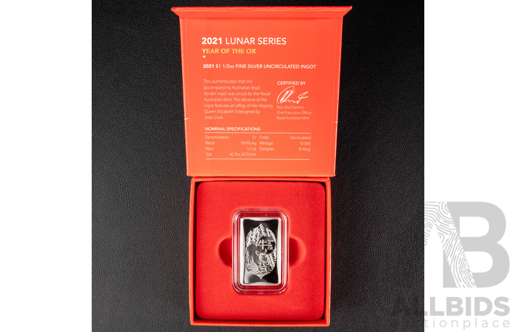 Australian RAM 2021 One Dollar Silver Ingot, Lunar Series III - Year of the Ox  .999