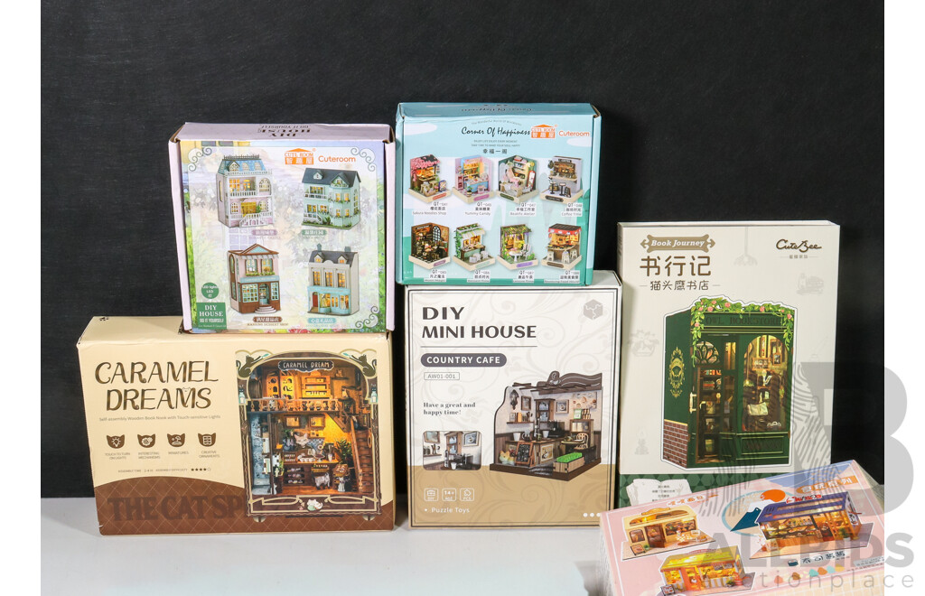 Seven Boxed Shelf Dioramas Including Illuminated Caramel Dreams Shop, Illuminated DIY Coffee House and Mini House, Cuteroom Corner Happiness, Cutebee Illuminated Owl Bookstore