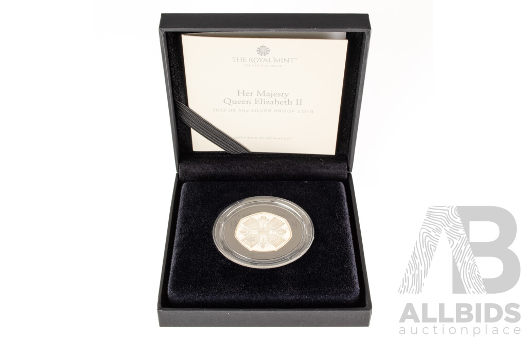 United Kingdom Royal Mint 2022 Silver Proof Fifty Pence Coin, Her Majesty Queen Elizabeth II 1926-2022 .999