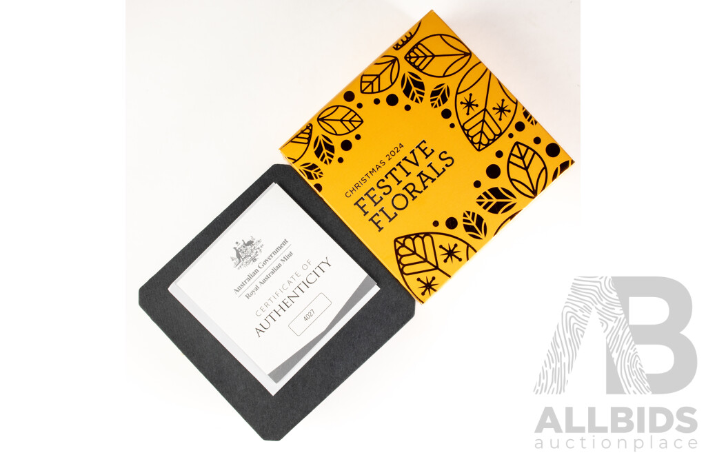 Australian RAM 2024 Coloured Silver Proof Fifty Cent Coin, Christmas Festive Florals .999