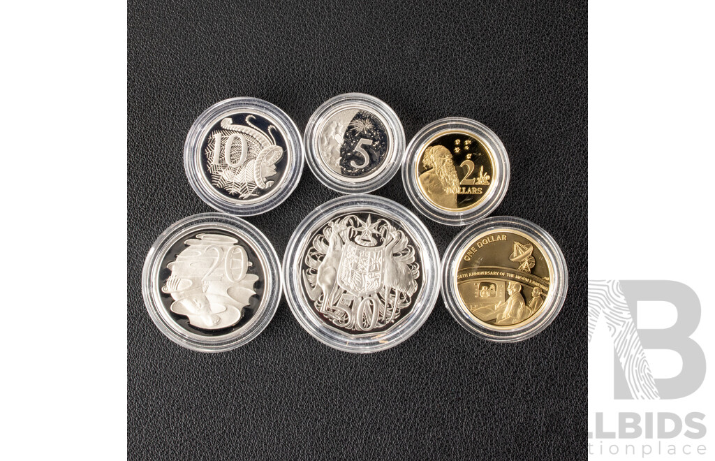 Australian RAM 2019 Six Proof Coin Set, Fiftieth Anniversary of the Moon Landing, Commemorative One Dollar and Five Cent