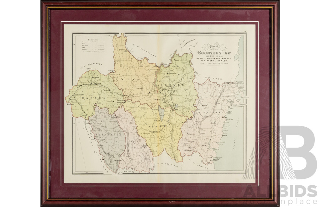 Artist Unknown, (19th Century, Australian), Map of Seven NSW Counties, Antique Planographic Lithograph - Pre Dating Canberra,  63 X 73 Cm (frame)