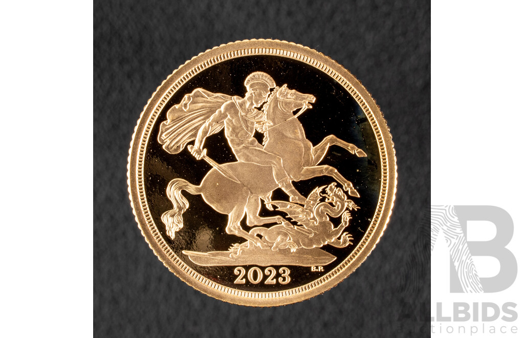 United Kingdom Royal Mint 2023 Gold Proof Sovereign, King Charles III Coronation .999