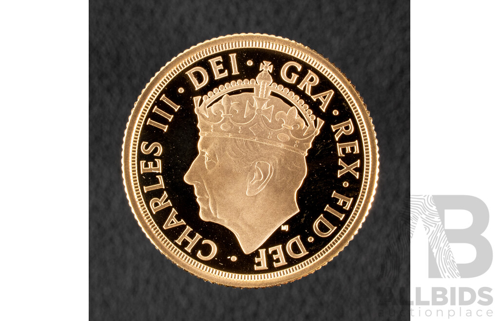 United Kingdom Royal Mint 2023 Gold Proof Sovereign, King Charles III Coronation .999