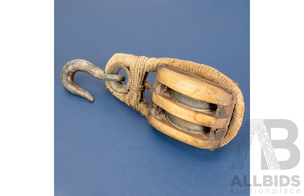 Antique Nautical Timber Pulley with Wrought Iron Hook