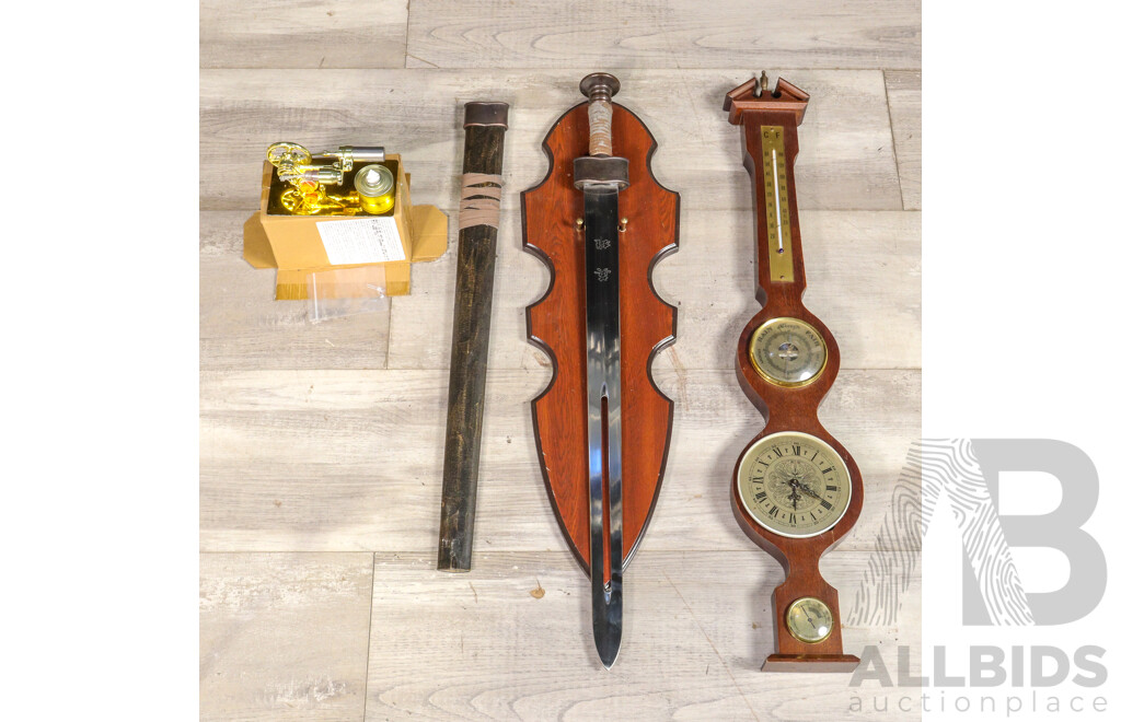 Vintage Hanging Display Sword, Hanging German Timber Weather Station and Desk Top Sterling Engine
