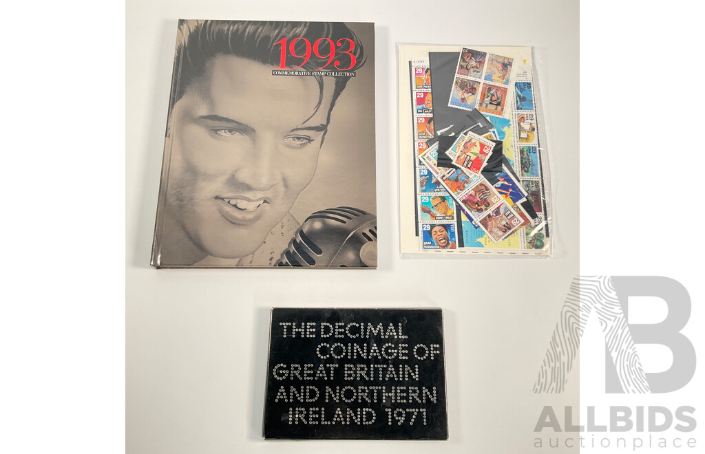 Great Britain and Northern Ireland 1971 Proof Decimal Coinage Set with USA 1993 Commemorative Stamp Album