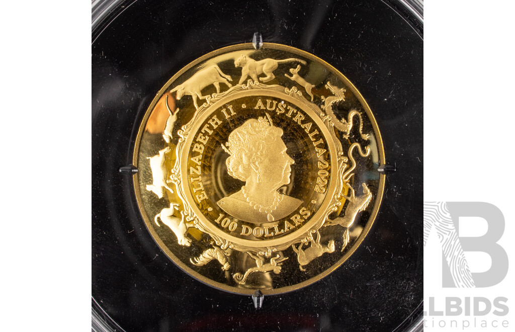 Australian RAM 2022 Gold Proof Domed One Hundred Dollar Coin, Lunar Series - Year of the Tiger  .999