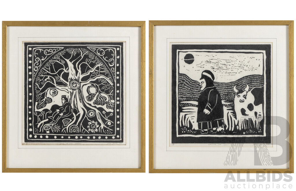 Grace Garton (20th Century, Australian), Walking the Cow & Jack in the Green, Pair of Original Signed & Editioned Linocuts, 47 X 45 Cm (frames) (2)