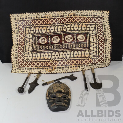 Fiji Hand Carved Timber Mask and Decorative Tools with Hand Painted Pattern Hanger