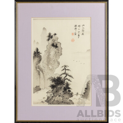 Gizan Izuno (19/20th Century, Japanese, 1885-1957), Southern Painting Landscape-Visiting Friends in Esan, Vintage Handmade Woodblock Print, 44 W X 57 H Cm (frame)