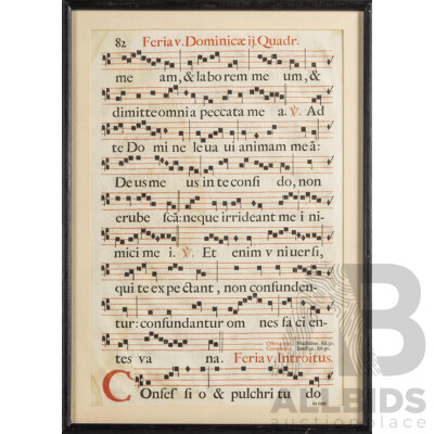 17th Century Antique Liturgical Music Sheet Featuring a Gregorian Chant Written in Latin, Antiphonal Leaf & Ink, 36W x 50H cm (frame)