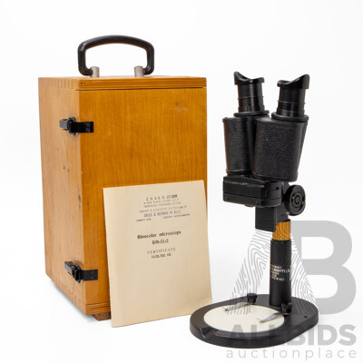 Vintage Binocular Microscope BM-51-2 in Timber Case, Made in USSR