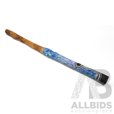 Lewis Burns (20th Century, Indigenous-Australian)  Hand Crafted & Signed Decorative Didgeridoo with Pyrography and Acrylic Detail, 138cm