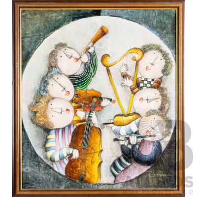 Joyce Roybal (20th Century, American-British, 1955-), The Orchestra, Original Oil & Mixed Media on Canvas, 66H x 58W cm (frame)
