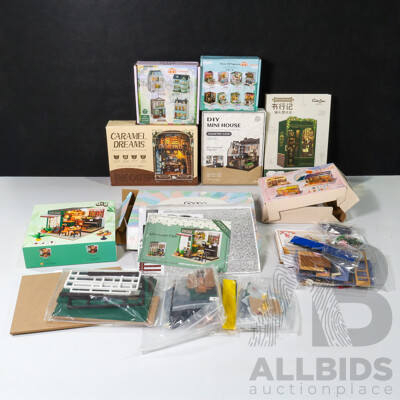 Seven Boxed Shelf Dioramas Including Illuminated Caramel Dreams Shop, Illuminated DIY Coffee House and Mini House, Cuteroom Corner Happiness, Cutebee Illuminated Owl Bookstore