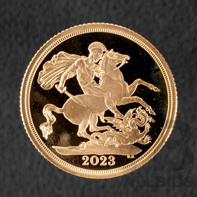 United Kingdom Royal Mint 2023 Gold Proof Sovereign, King Charles III Coronation .999