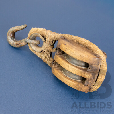 Antique Nautical Timber Pulley with Wrought Iron Hook