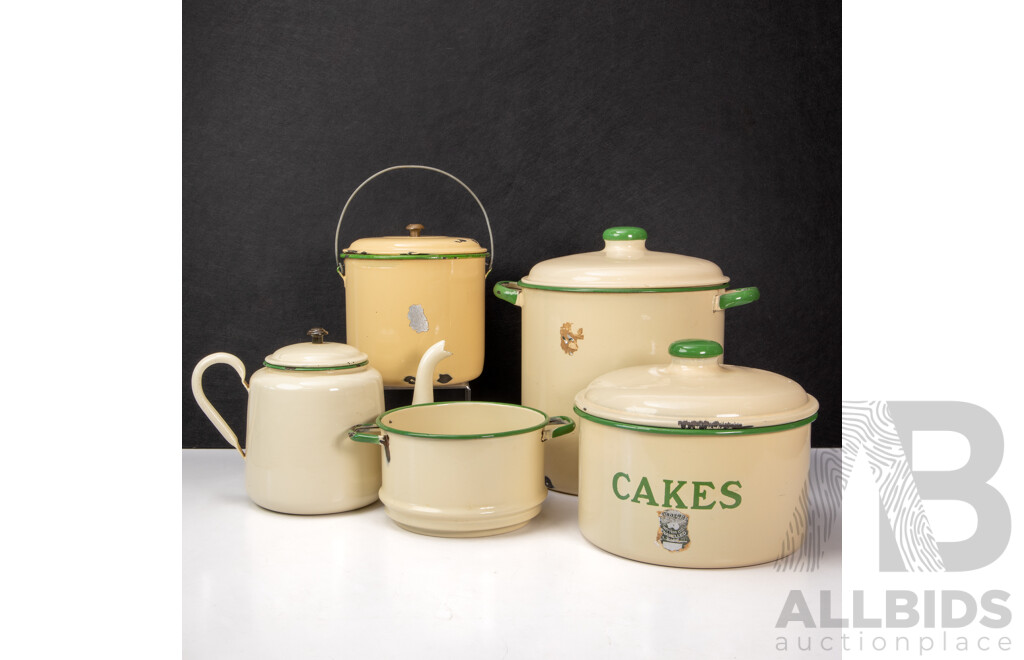 Vintage Five Piece Jubilee Enamel Kitchen Canisters by Metters