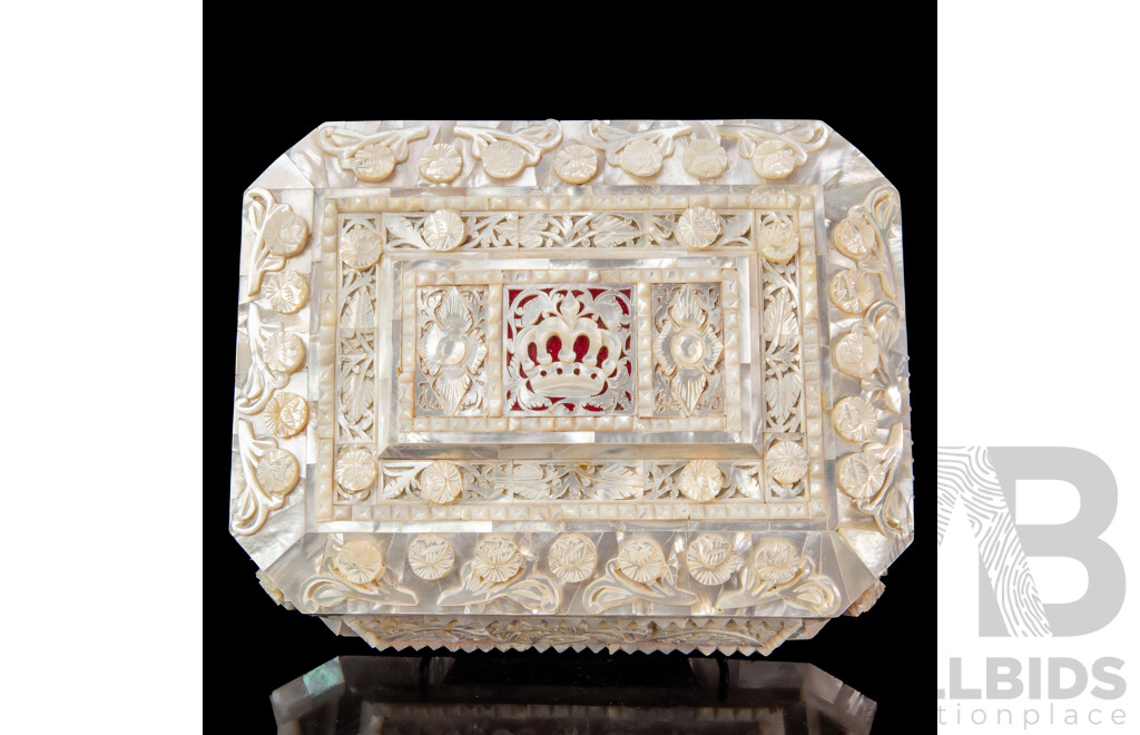 Heavily Carved Mother of Pearl Lift Top Jewellery Box in Presentation Case