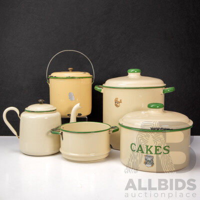 Vintage Five Piece Jubilee Enamel Kitchen Canisters by Metters