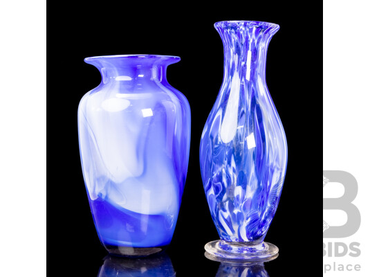 Pair of Large Vintage Malaysian Blue and White Glass Swirl Vases, 47H cm (largest) (2)