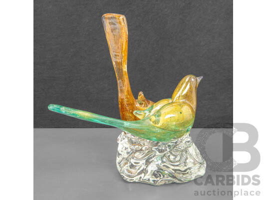 Artist Unknown (20th Century, 1970s), Love Birds, Vintage Murano-Style Glass Featuring Hand Blown & Hand Painted Sommerso Technique with Aventurine Flecks (c1970s), 20H cm (tail)