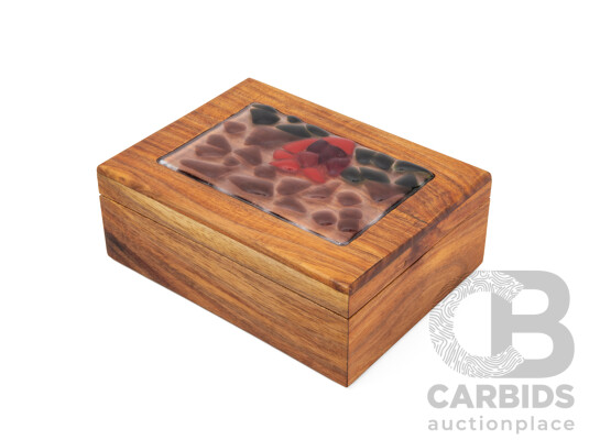 Wonderful Windfall Wood Salvaged ACT Blackwood Hand Crafted Jewellery Box with Mosaic Glass Inlay, 20L x 15W x 7D cm