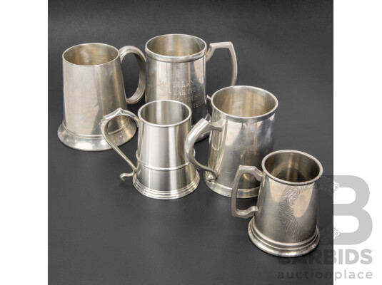 Collection of Five Vintage Engraved Military and Naval Pewter Tankards, Varied Sizes, 14H cm (largest) (5)
