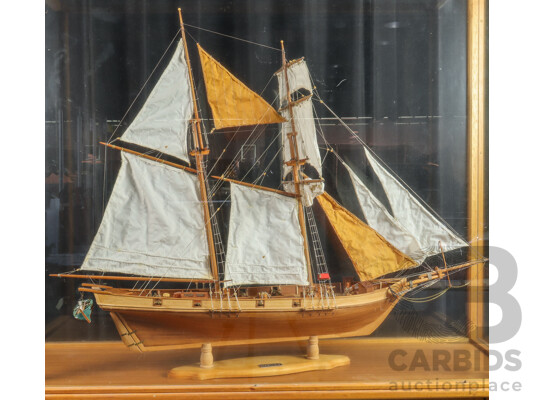 Large Vintage Twin Mast Model Schooner in Glass Display Case on Stand