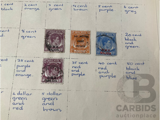 Collection of Malaya and Indian/Indian States Stamps Spanning 1900 to 1960 Including 1942 WW2 Straits Settlements Japanese Occupation, BMA Overprints, KGV Special Adhesive Overprint, QV and More