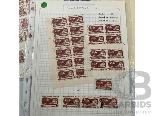 Good Assortment of Australian 1950's-1960's Predecimal Mostly Mint/Mint Hinged Stamp Blocks Including 1954 Railway Centenary, 1955 Royal Mail/Cobb & Co Centenary, 1958 Christmas Set, 1960 Melbourne Cup and More