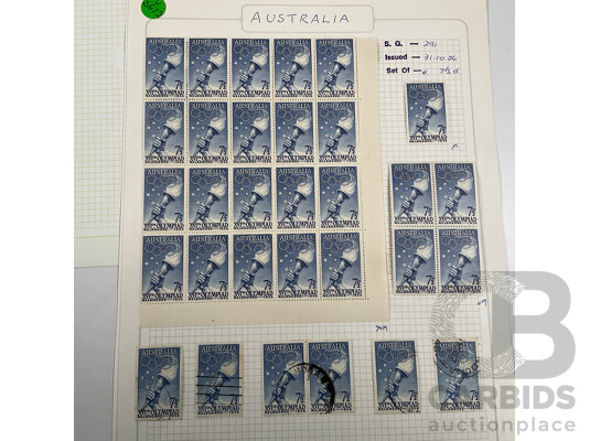 Australian 1956 Mostly Mint Hinged Stamp Blocks, Melbourne Olympics Part Set, Fonds Print