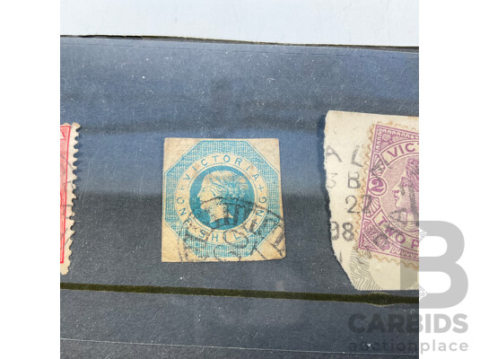 Australian 1854 Victorian QV Stamp, Octagaonal One Shilling, Late 1800's QV Violet/Mauve Twopence, 1910's Kangaroo on Map Perfin