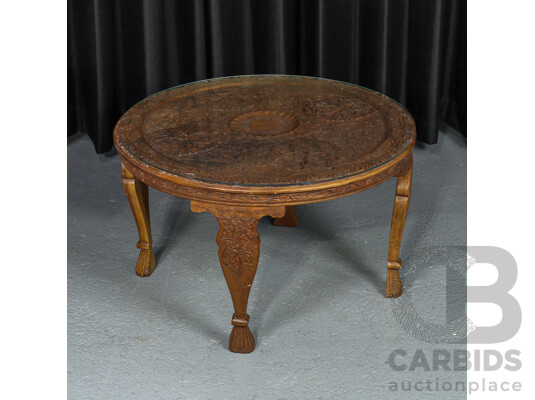 Wonderful Vintage Kashmiri Hand-Carved Wood Coffee Table with Carved Cabriole Legs & Removable Protective Glass Top, 45H cm