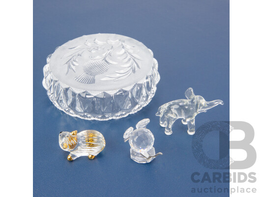 Laser Cut Glass Scottish Thistle Trinket Dish, Alongside Miniature Glass Elephant & Wombat and Swarovski Silver Crystal Miniature Mouse (4)