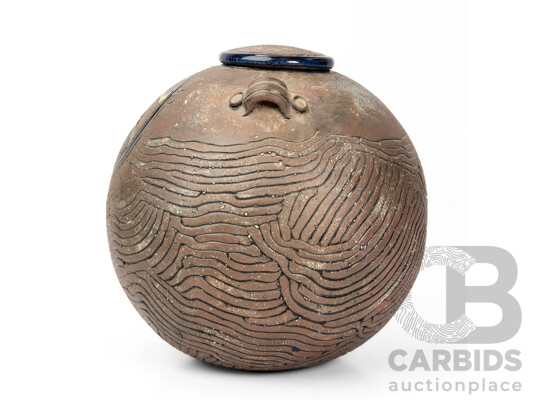 Wonderful Decorative Handcrafted Studio Pottery Lidded Vessel with Interior Cobalt Glaze, 22H cm (approx)