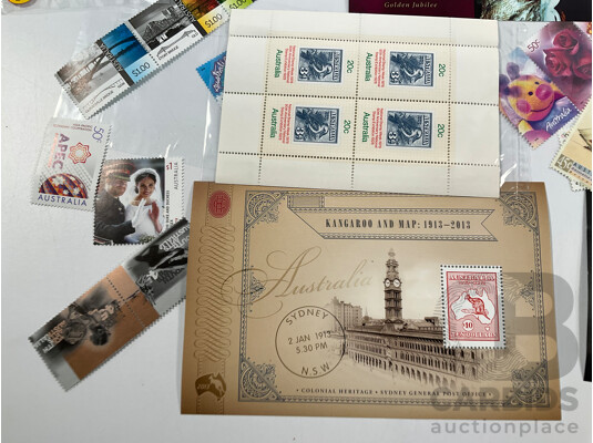 Collection of Australian Mint Stamps, Mini Sheets and Blocks Including Ten Dollar Kangaroo and Map, Five Dollar Treasures of the Archives, Hong Kong/China, Thailand Joint Issues and More