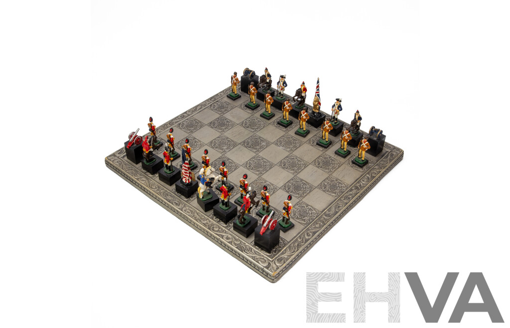 Wonderful Complete Vintage American Revolutionary War Chess Set with Board, 46 x 46 cm (dimensions Board); 10H cm (pieces) (33)