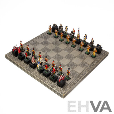 Wonderful Complete Vintage American Revolutionary War Chess Set with Board, 46 x 46 cm (dimensions Board); 10H cm (pieces) (33)