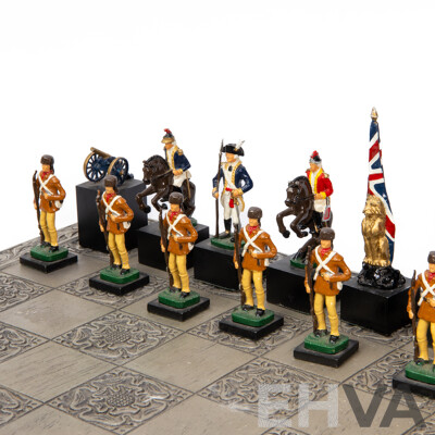 Wonderful Complete Vintage American Revolutionary War Chess Set with Board, 46 x 46 cm (dimensions Board); 10H cm (pieces) (33)