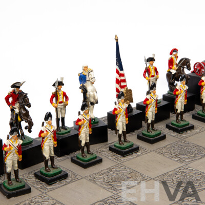Wonderful Complete Vintage American Revolutionary War Chess Set with Board, 46 x 46 cm (dimensions Board); 10H cm (pieces) (33)